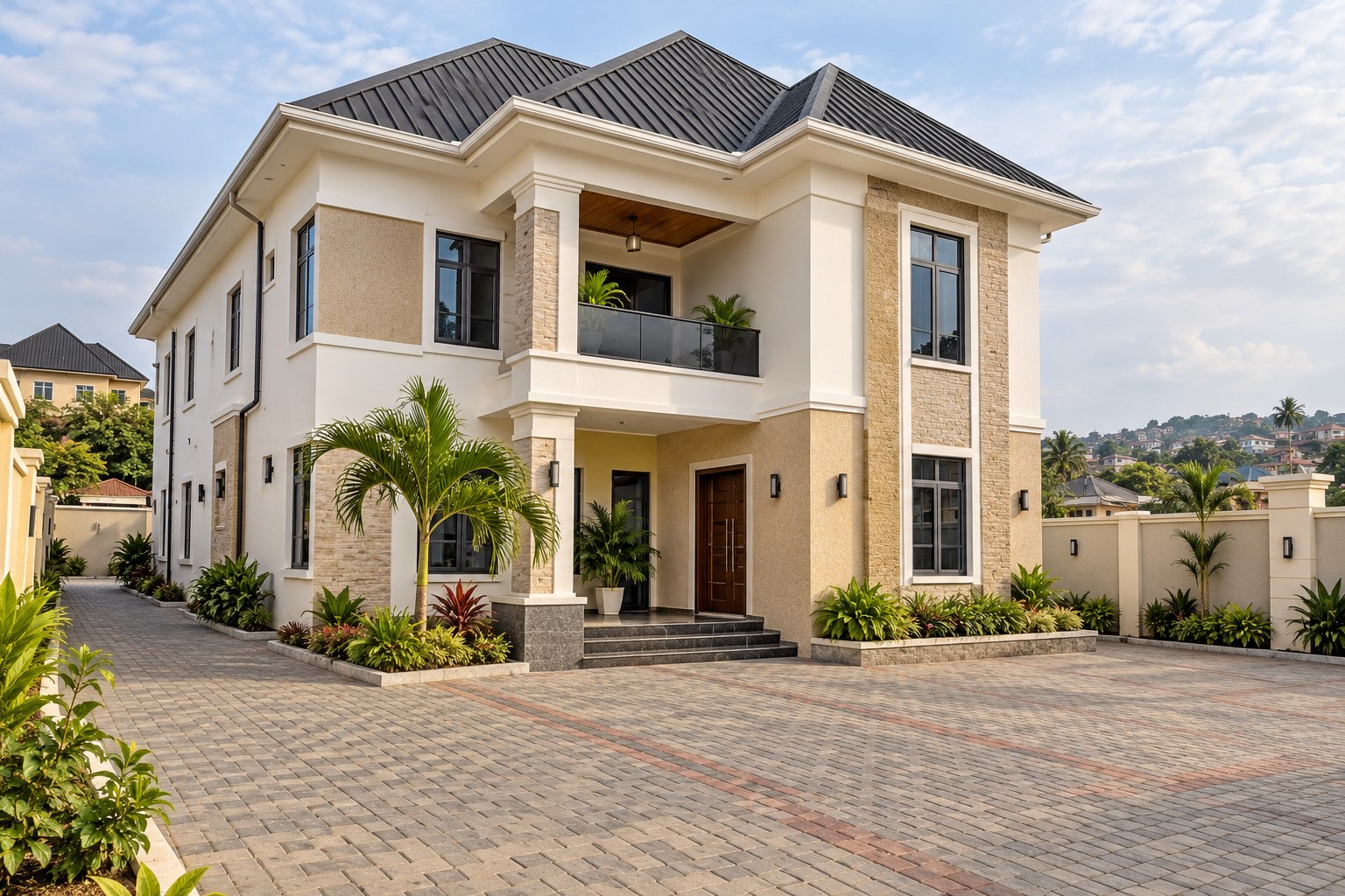 Illustrative Nigerian-style two-storey duplex in a landscaped paved compound